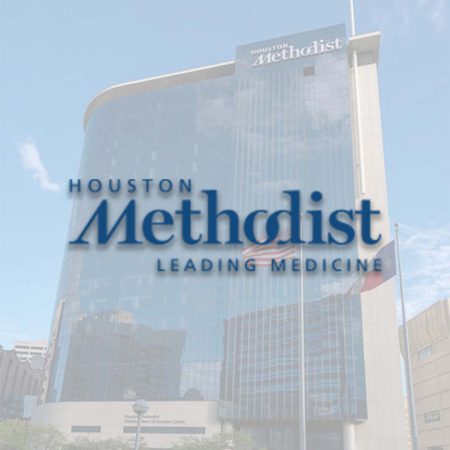 The Houston Methodist Hospital logo superimposed on an image of the Houston Methodist Hospital building