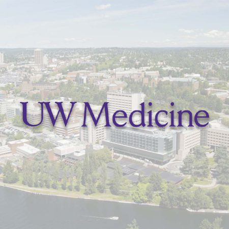 The University of Washington Medicine logo superimposed on an image of the University of Washington Medicine campus