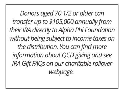 Donors aged 70 1/2 or older can transfer up to $105,000 annually from their IRA directly to Alpha Phi Foundation without being subject to income taxes on the distribution. You can find more information about QCD giving and see IRA Gift FAQs on our charitable rollover webpage. 